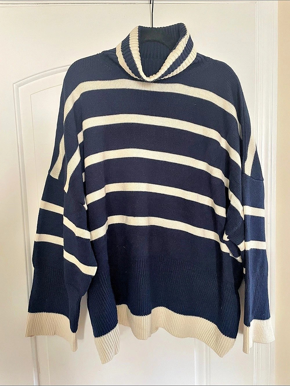 Topshop Navy Stripe Oversized Roll-neck Sweater Blue & White Medium